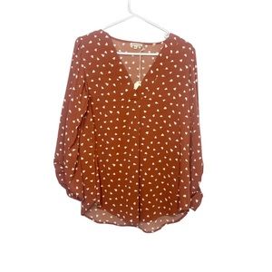 JODIFL rust brown blouse balloon sleeves heart print NWT j